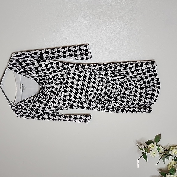 Muse for Boston Proper Houndstooth Dress Ruched Mini 3/4 Sleeves Preppy Winter - Picture 2 of 11